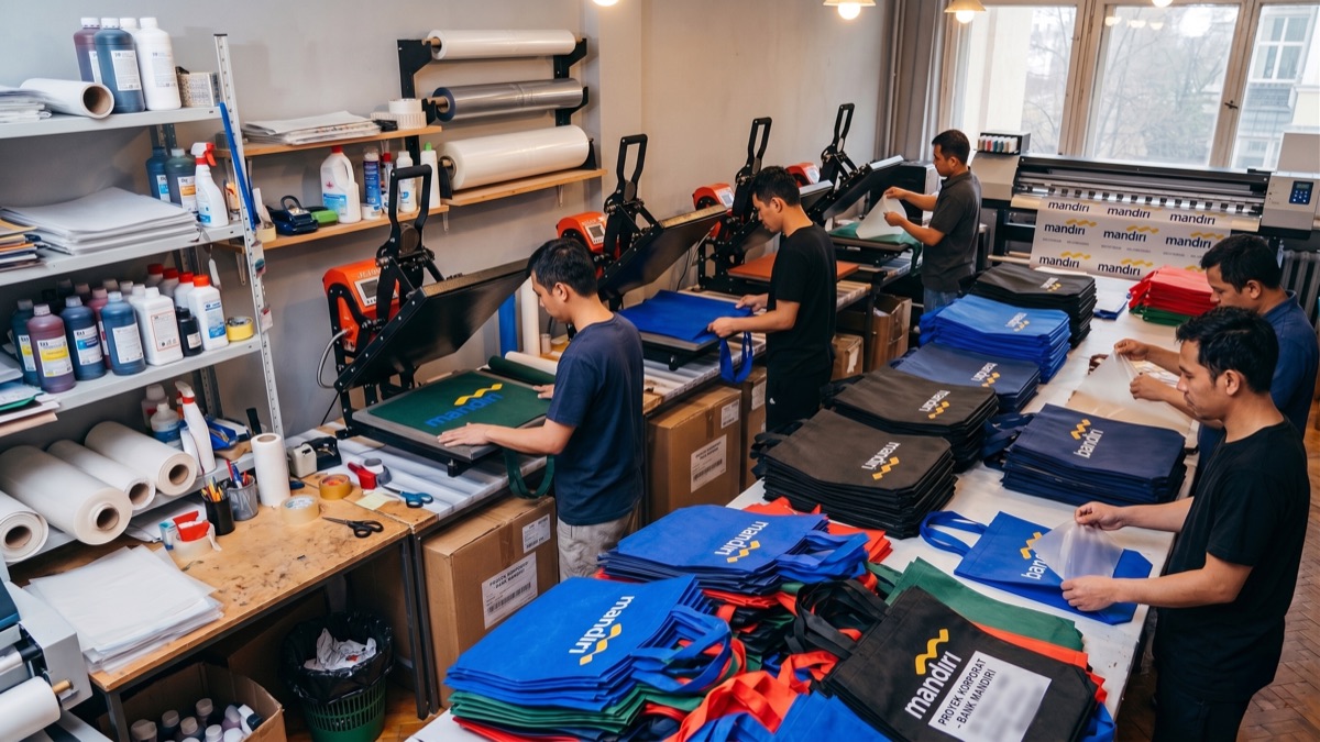 Tim produksi Pusat Cetak Indonesia mengerjakan totebag korporat